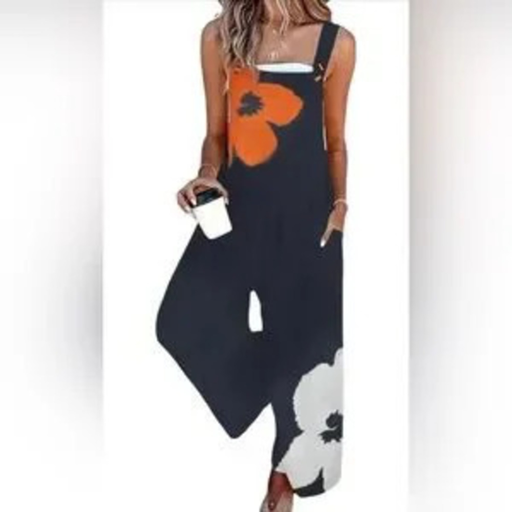 Floral Overalls One Piece Wide Leg Pants Jumpsuit with Pockets